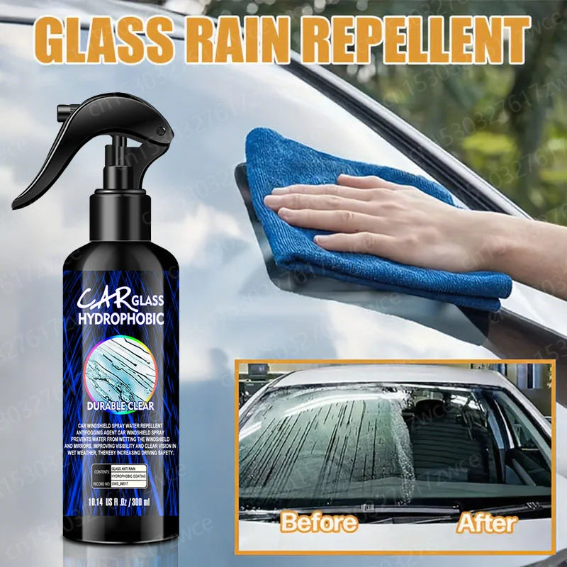 Glass Rain Repellent spray bottle 300ml being wiped onto car windscreen with before and after comparison