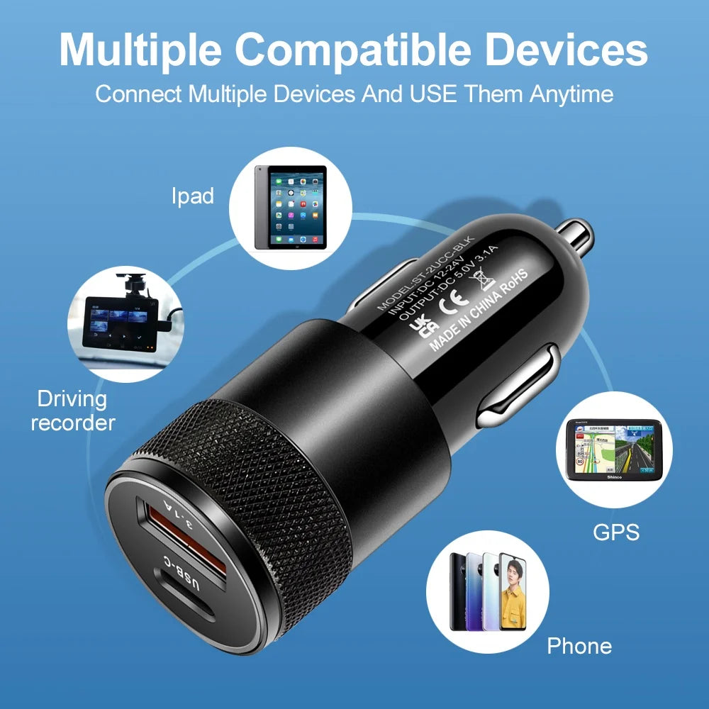 Alloy USB Car Charger compatibility chart showing use with iPad, GPS, dash cam and mobile phone devices