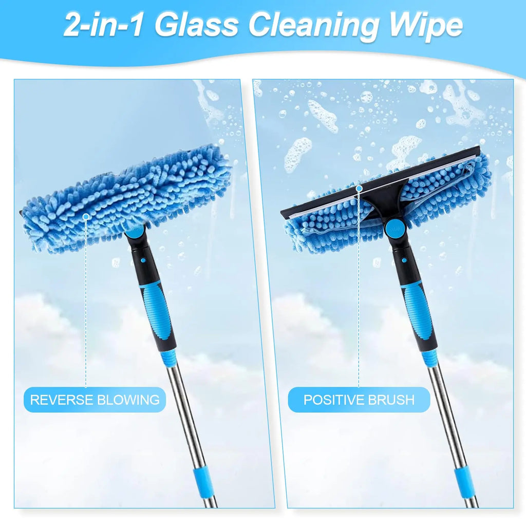 2-in-1 glass cleaning wipe showing reverse-blowing microfibre wipe and positive brush squeegee cleaning a soapy car windscreen