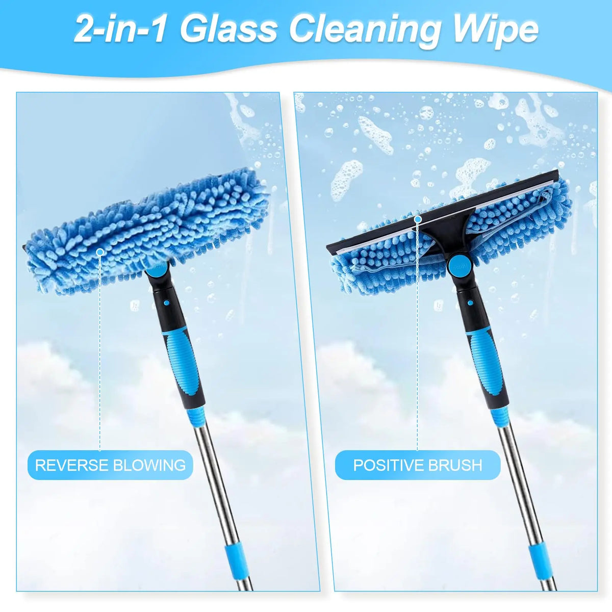2-in-1 glass cleaning wipe showing reverse-blowing microfibre wipe and positive brush squeegee cleaning a soapy car windscreen