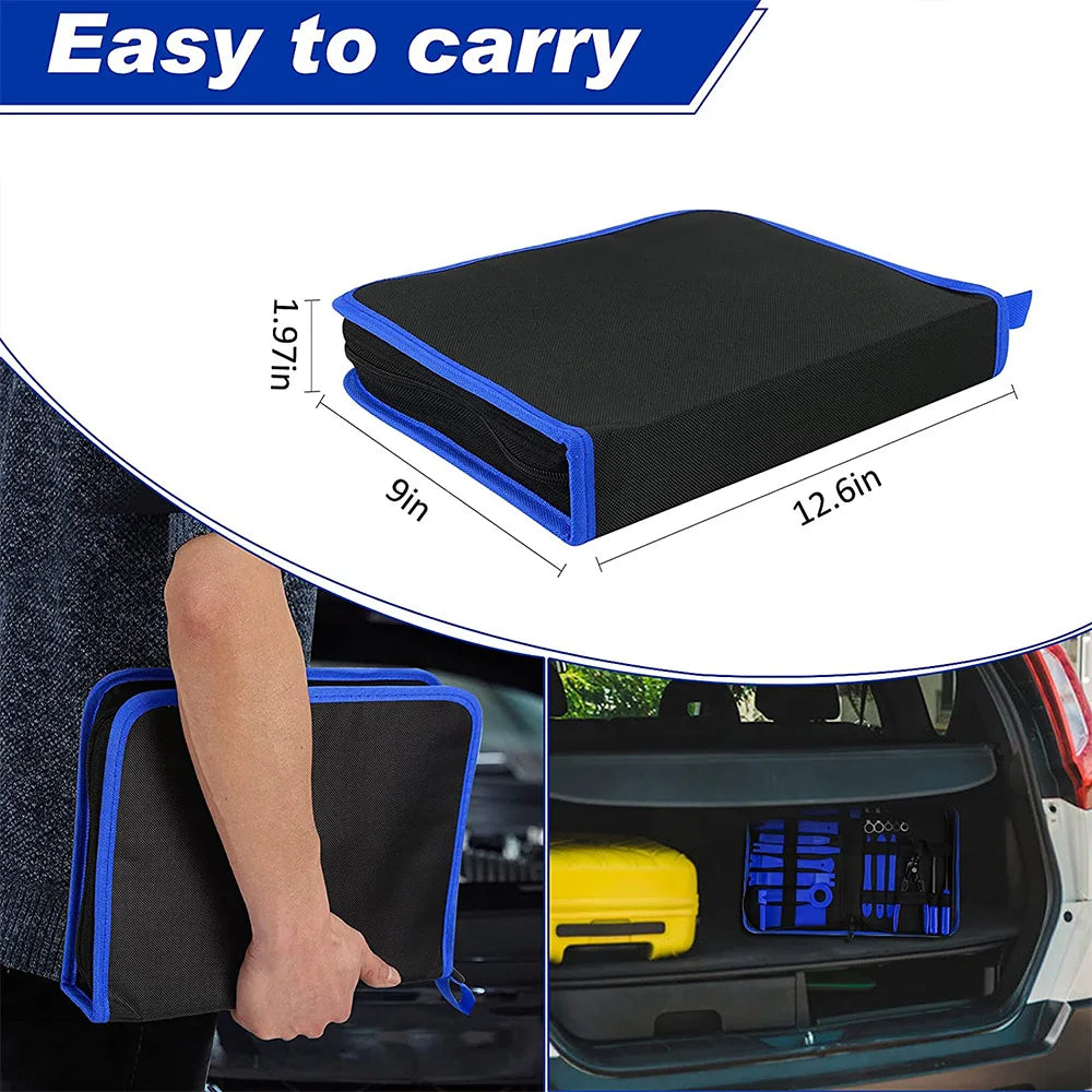 Folded carry case for the 43-piece trim removal tool kit shown with its dimensions, being carried under an arm and stored in a car boot.