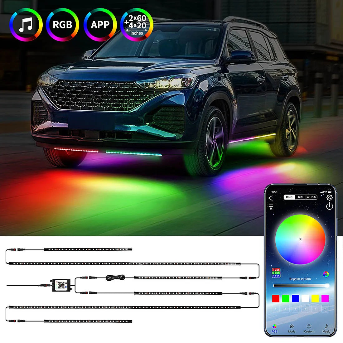 RGB Underglow Light Kit with music sync, RGB, app control and 2 by 60 inch plus 4 by 20 inch strip icons