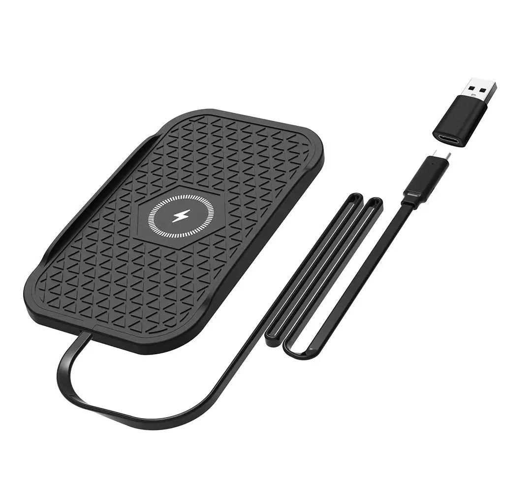 Black non-slip wireless charging pad with textured silicone surface, USB-C cable and USB-A adaptor