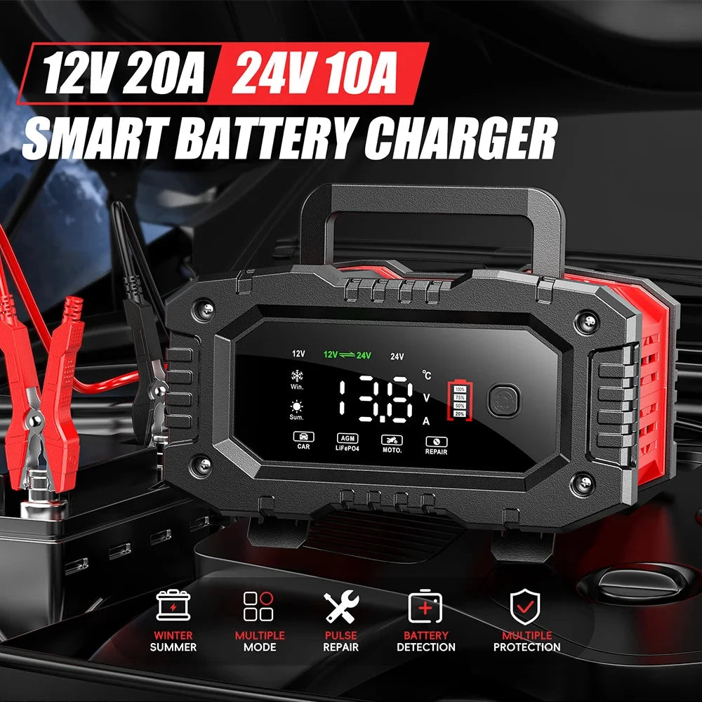 7-Stage Smart Battery Charger 12V 20A / 24V 10A beside a car engine bay with winter/summer mode, pulse repair and battery detection icons