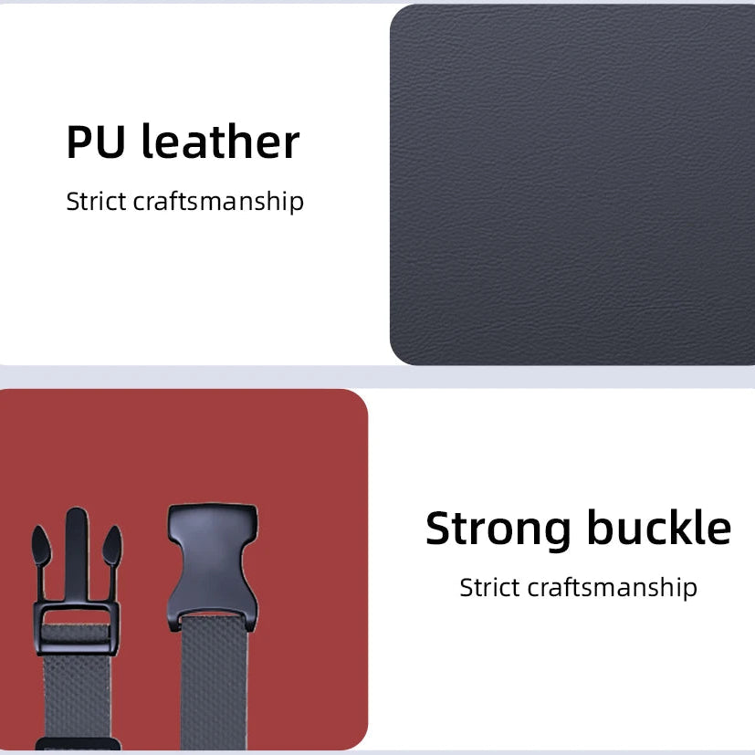 Close-up of the seat back organiser's PU leather surface and strong adjustable buckle strap
