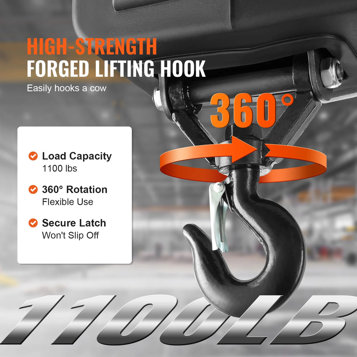 Close-up of the Portable Electric Hoist Winch forged steel lifting hook with secure latch and 360 degree rotation, rated to 1100 lb