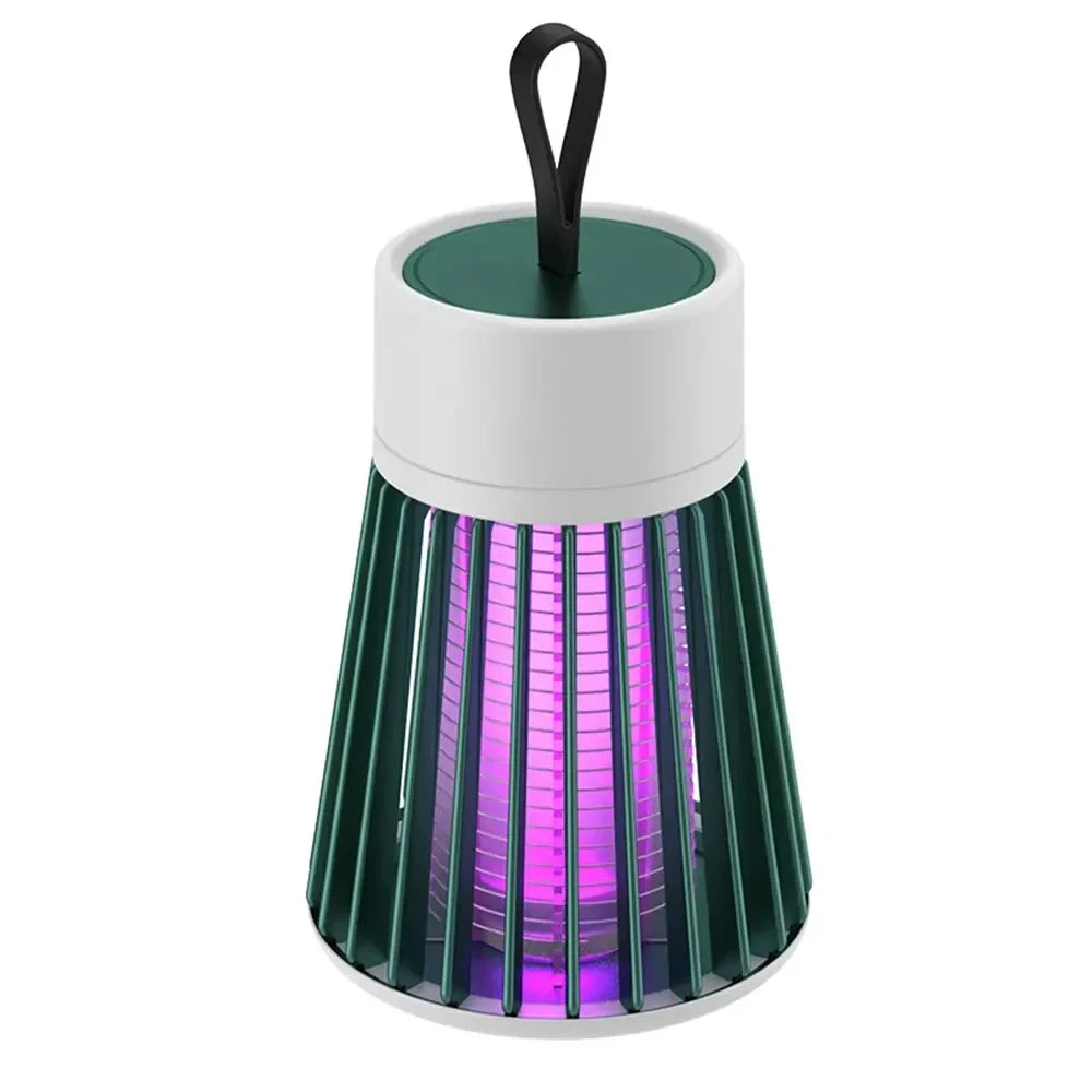 Cordless Insect Zapper in dark green with a black hanging loop and glowing purple UV light on a white background