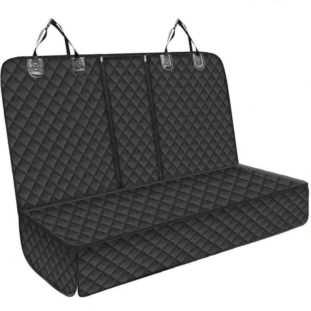 Waterproof Dog Car Seat Cover in black on a white background, front view showing quilted fabric and headrest straps