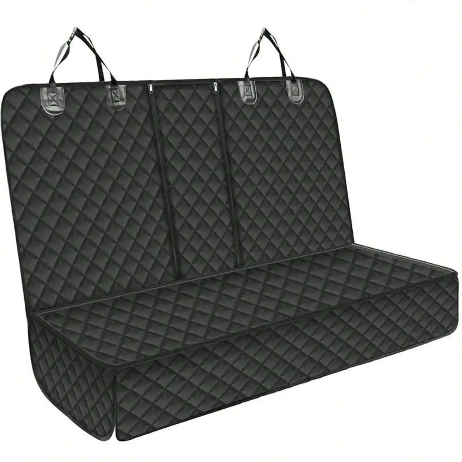 Waterproof Dog Car Seat Cover in black on a white background, front view showing quilted fabric and headrest straps