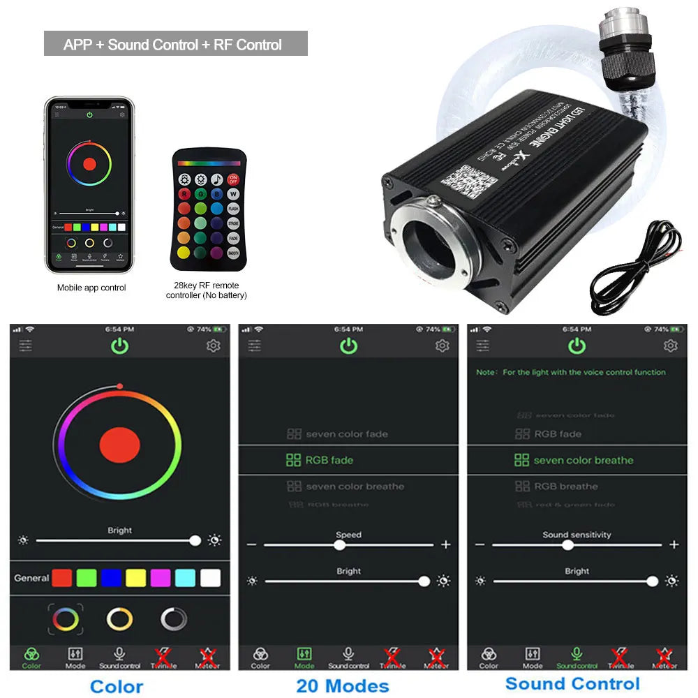 Fibre Optic Star Headliner app, sound control and RF remote control with colour, mode and brightness settings