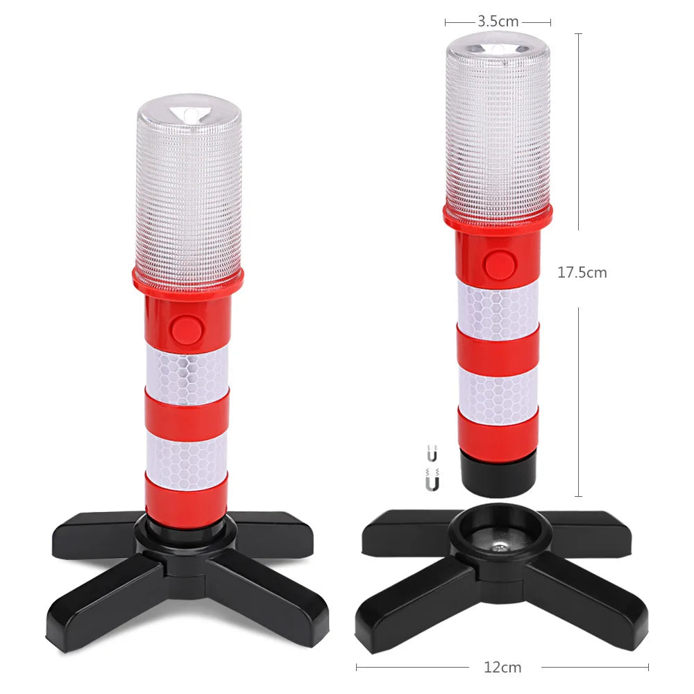 Two Magnetic LED Warning Beacons shown with height and base-width dimension measurements