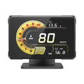 Dual-Mode OBD2 Smart Gauge on desk stand showing gold racing dial with speed, RPM, voltage and compass readouts