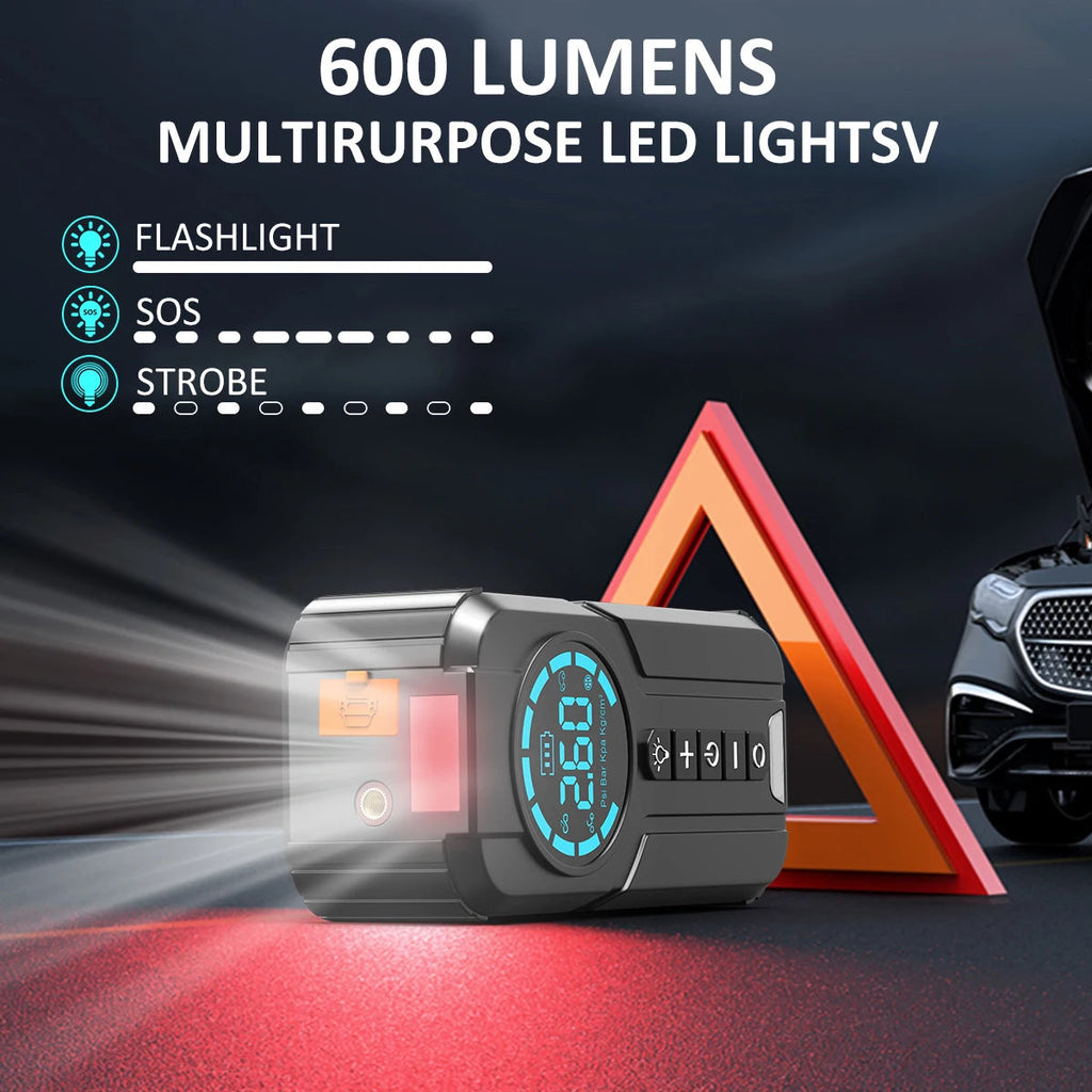 Compact Jump Starter Kit shining a 600 lumen LED flashlight beam beside a warning triangle next to a car at night