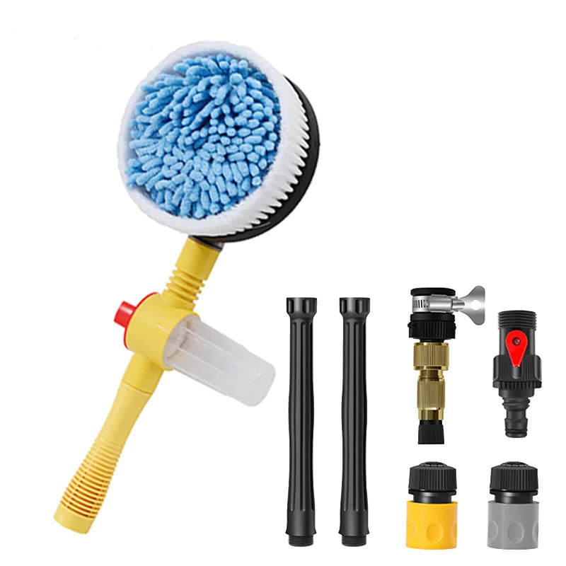 Rotating foam car wash mop kit with blue chenille brush head, extendable handle and hose adapters on a white background