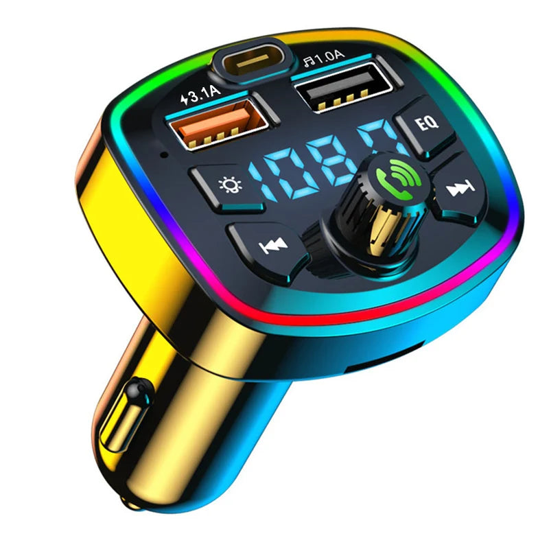 Hands-Free Bluetooth FM Transmitter with RGB ambient light ring, LED display, hands-free call knob and dual USB ports on a white background