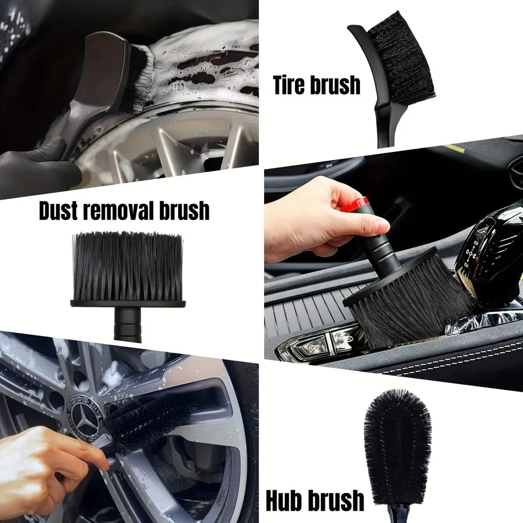 Tyre brush, dust removal brush and hub brush cleaning alloy wheels and a car interior
