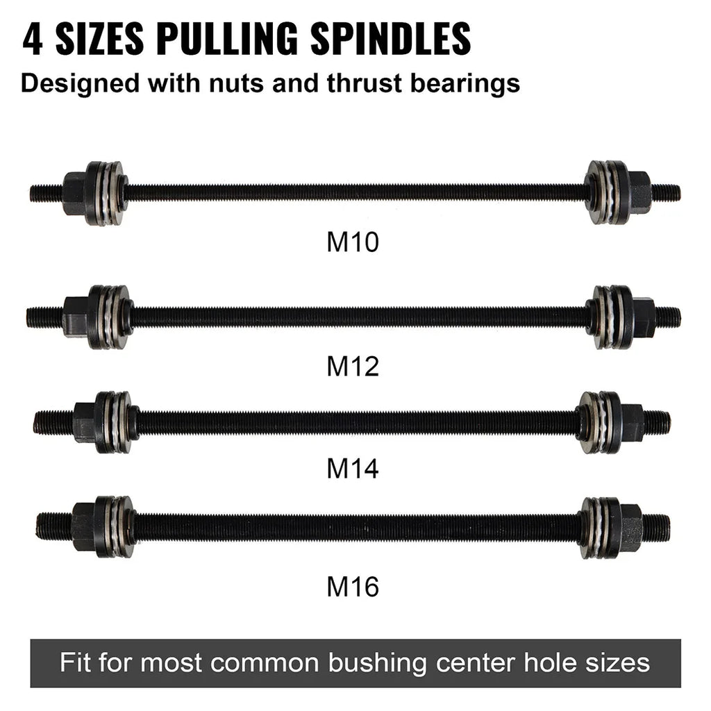 Bush Removal Tool Kit diagram of four pulling spindle sizes M10, M12, M14 and M16 designed with nuts and thrust bearings
