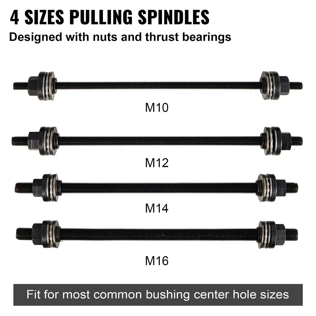 Bush Removal Tool Kit diagram of four pulling spindle sizes M10, M12, M14 and M16 designed with nuts and thrust bearings