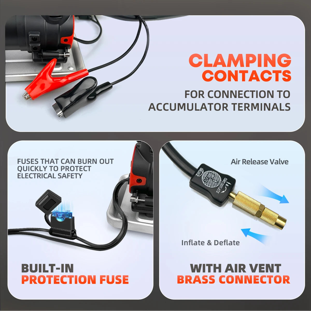 Close-up of the Heavy-Duty Tyre Inflator's battery clamp contacts, built-in protection fuse and brass air vent connector