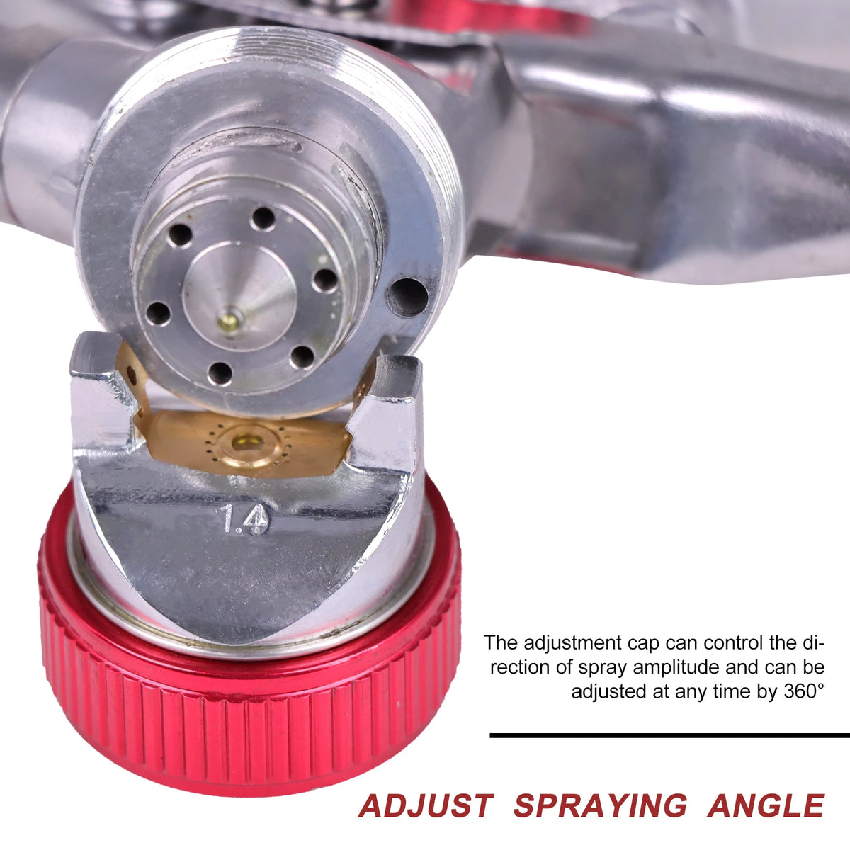Close-up of the HVLP Airbrush Spray Gun's 1.4mm nozzle and air cap with adjustable 360 degree spray angle control