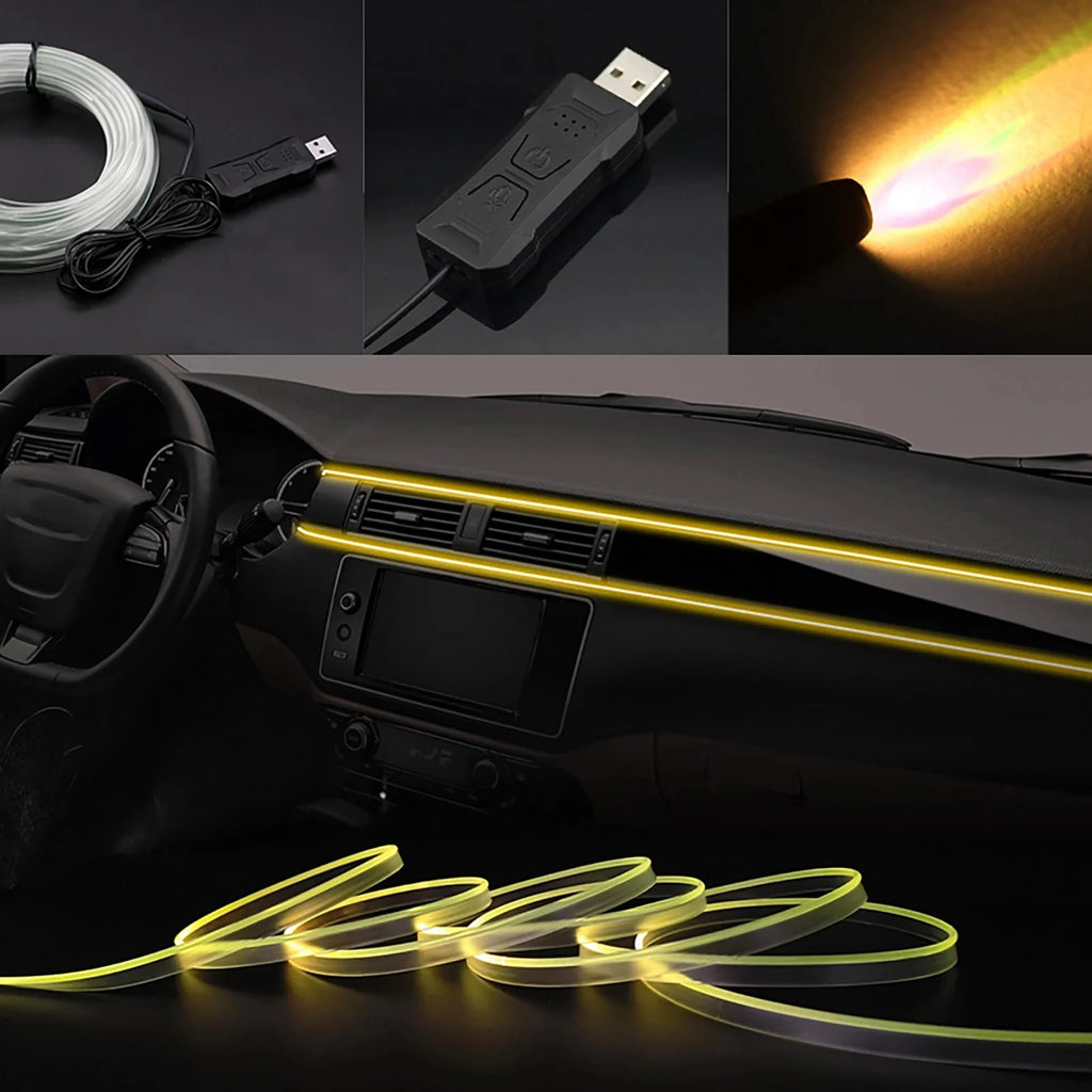 RGB Car Ambient Light Strip glowing amber along a car dashboard trim