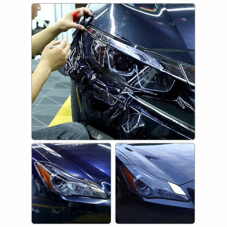 Hand applying headlight PPF wrap film to a dark car headlight, with indoor and outdoor lighting effect comparison photos below.
