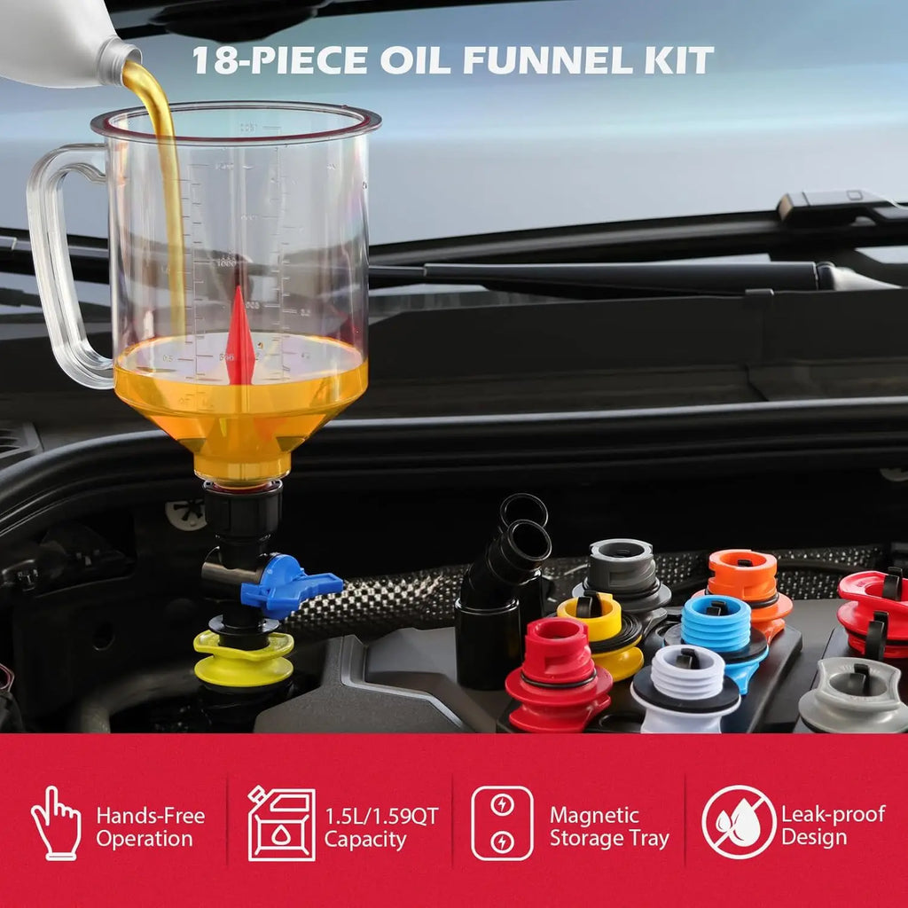 Engine oil funnel kit pouring oil into a car engine bay with hands-free and leak-proof feature icons