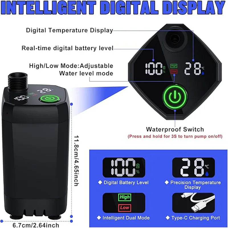 Digital Display Camp Shower pump screen showing battery level, water temperature and high/low mode, measuring 11.8 x 6.7 cm