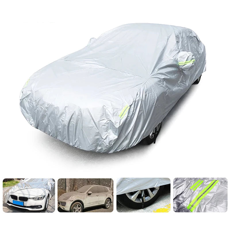 Universal Outdoor Car Cover fitted over a dark sedan parked outdoors, showing reflective safety strips and mirror pockets