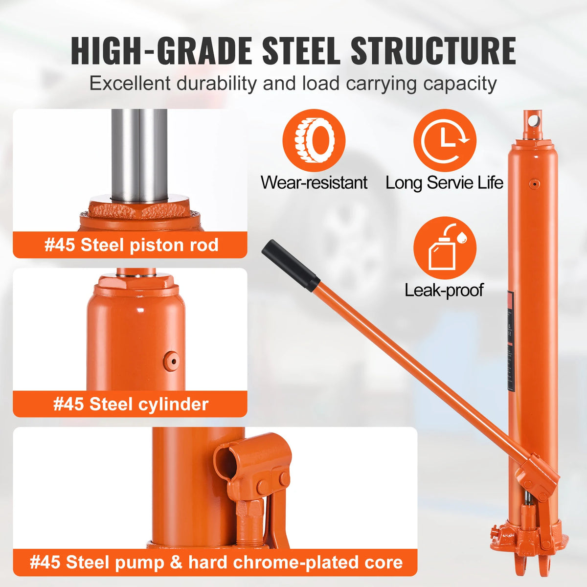 Hydraulic Long Ram Jack close-ups of the steel piston rod, cylinder and pump with hard chrome-plated core