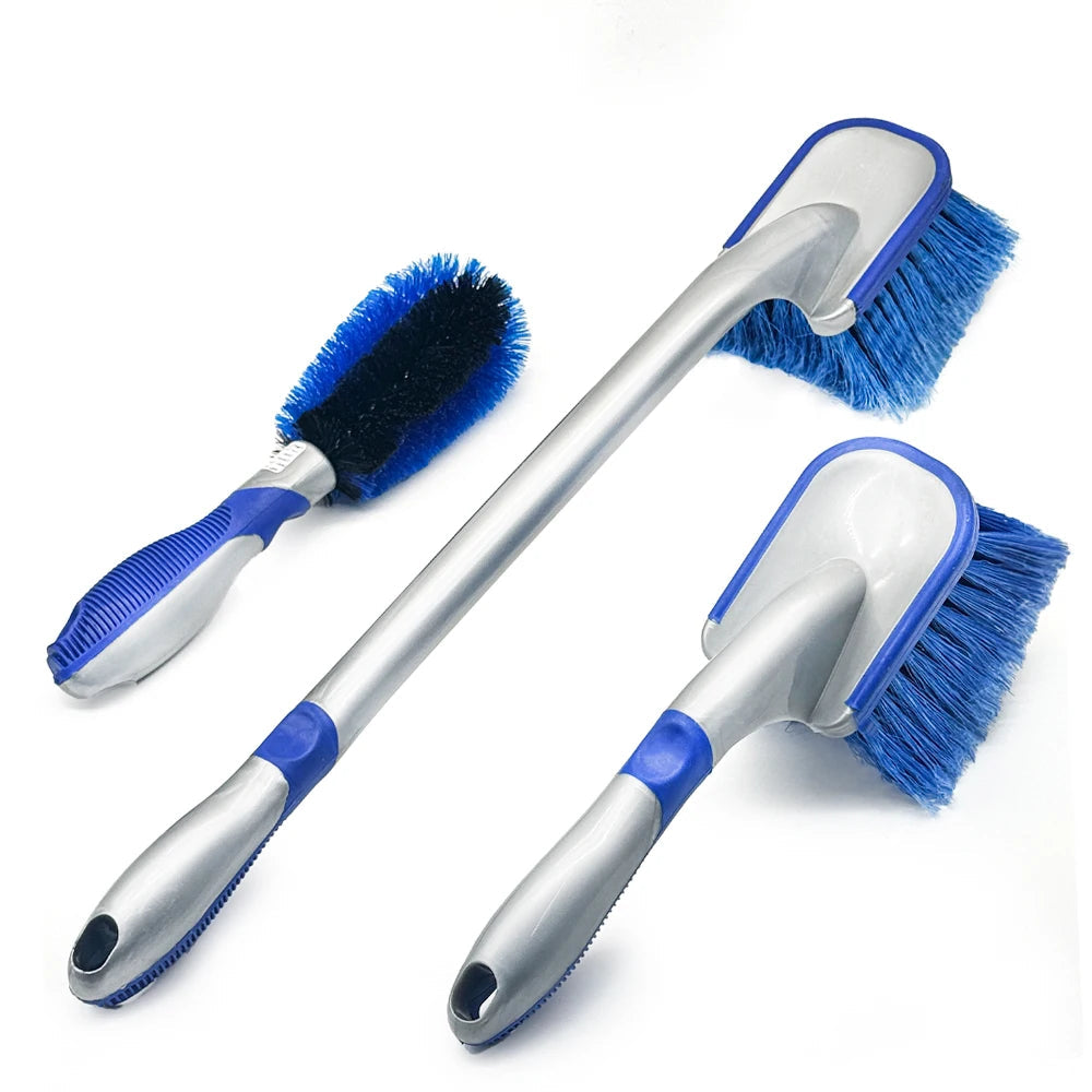 3-Piece Detailing Brush Kit featuring a spoke brush and two tyre scrub brushes with blue bristles and grey non-slip handles