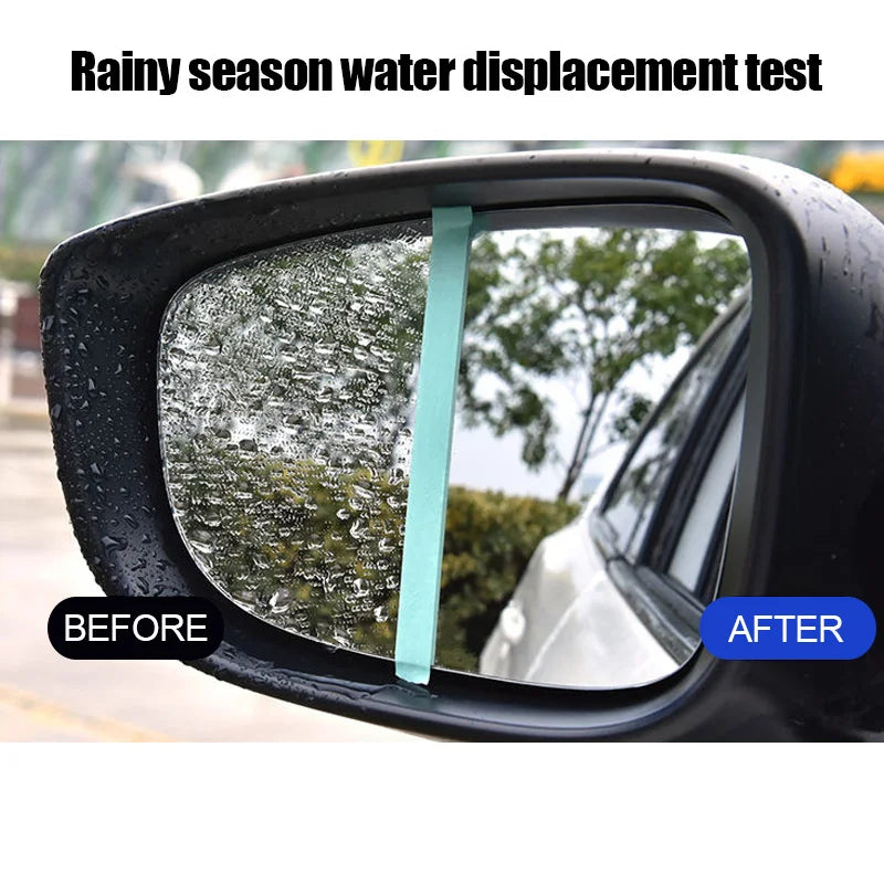 Rainy season water displacement test on a car side mirror comparing untreated glass to glass coated with Hydrophobic Glass Shield