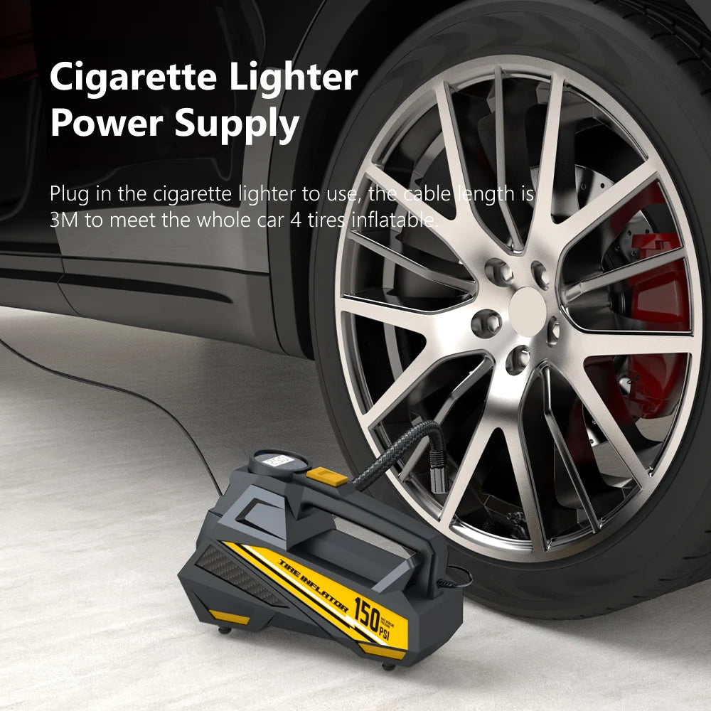 Corded Tyre Inflator Pump plugged into a car's 12V cigarette lighter socket while inflating an alloy wheel tyre