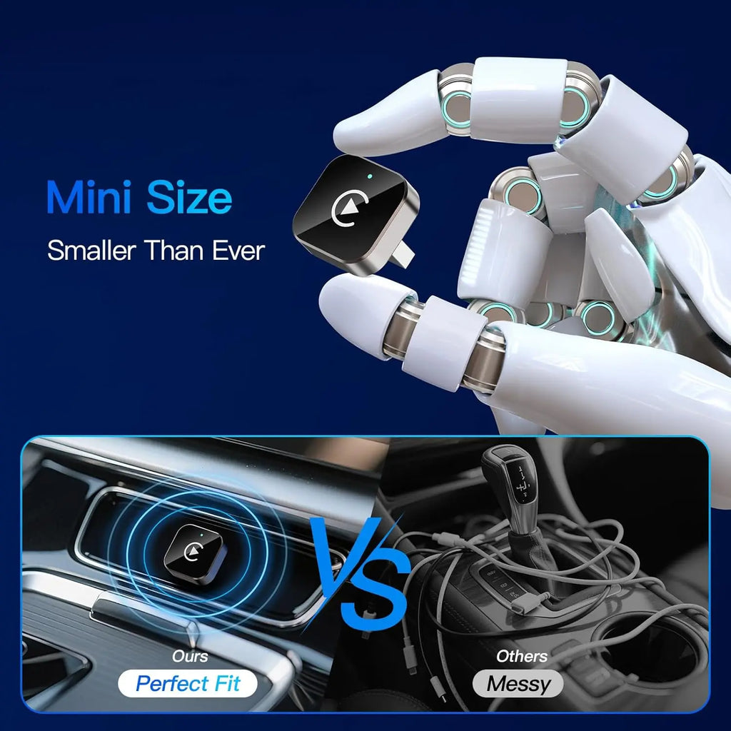 Compact wireless CarPlay adapter held between robotic fingers to highlight its mini size, compared against a messy wired charging cable setup in a car console.