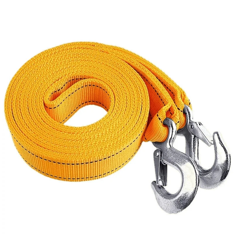 Coiled orange heavy-duty tow strap with steel safety-latch hooks