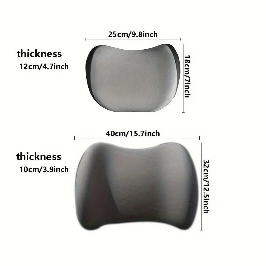 Size chart for the Memory Foam Car Headrest Neck Pillow and Lumbar Support Cushion showing dimensions of 25cm neck pillow and 40cm lumbar cushion
