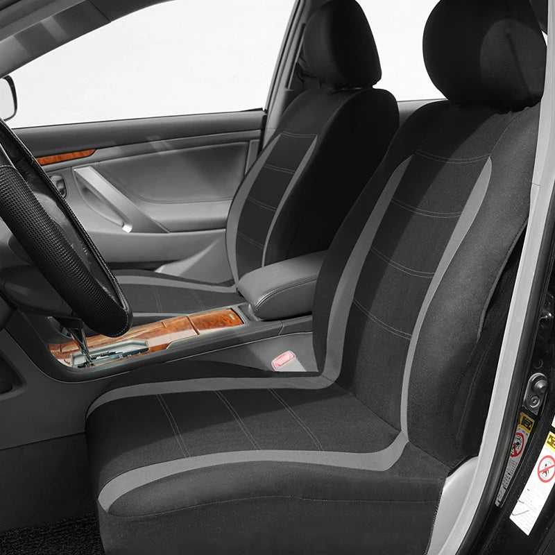 Universal Car Seat Covers in blue and black installed on the front seat of a car interior