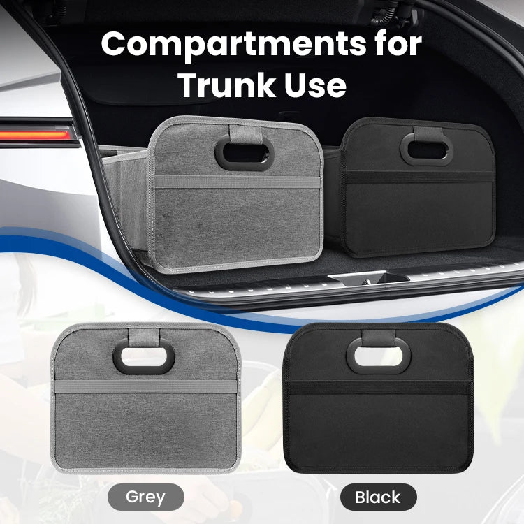Grey and black foldable trunk organisers fitted neatly into a car boot compartment for storage