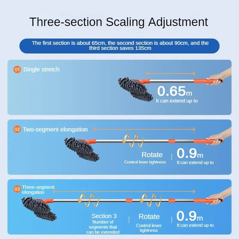 Three-section scaling adjustment infographic for the Telescopic Car Wash Mop showing extension lengths of 0.65m, 0.9m and 1.35m