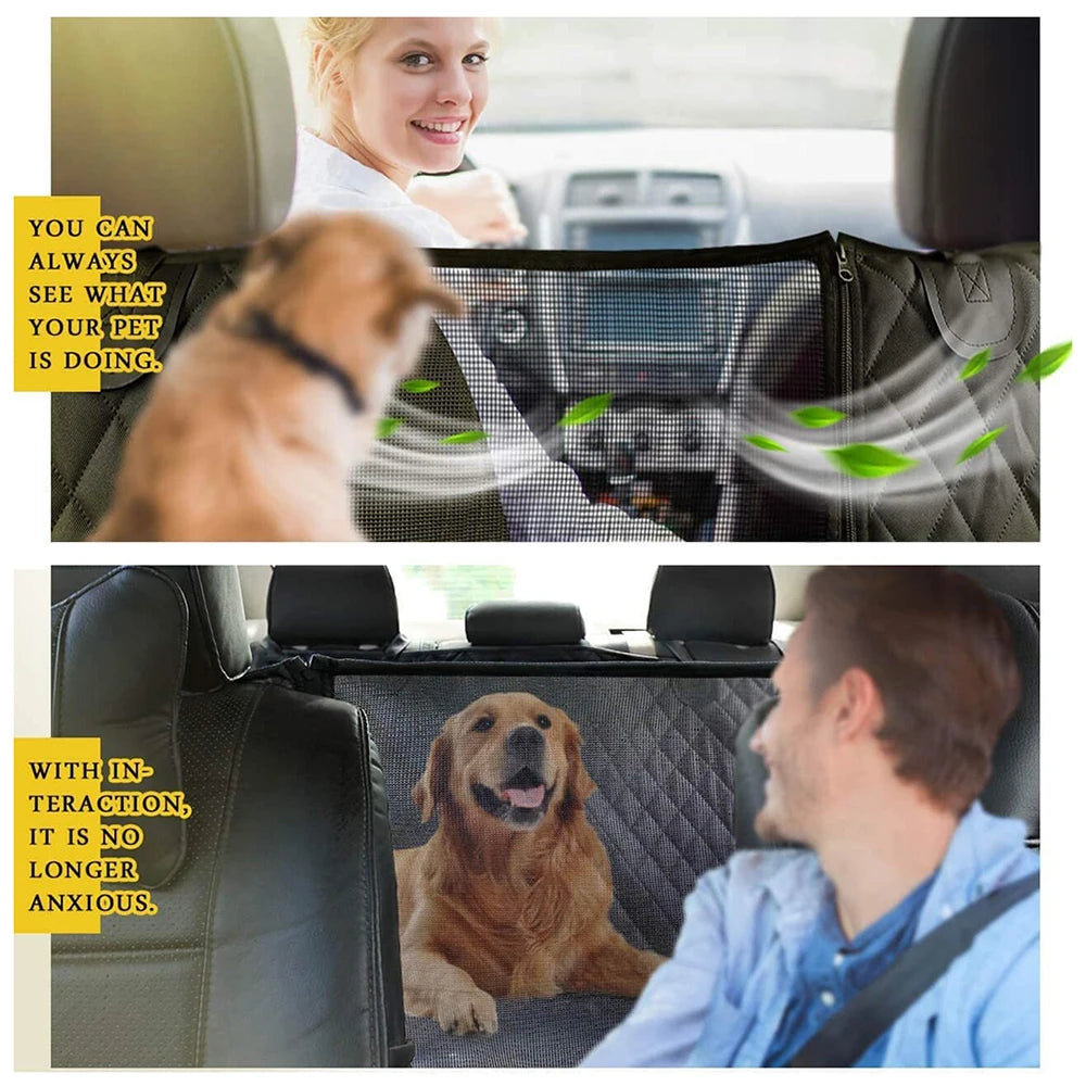 Two-panel image of a woman driving and a man smiling at a Golden Retriever through the breathable mesh window of the Waterproof Dog Car Hammock