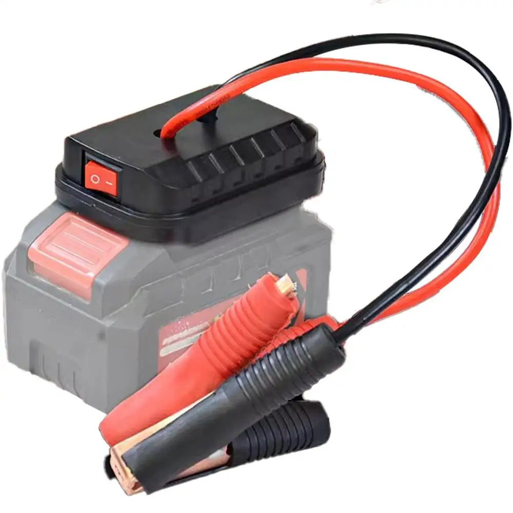 Tool Battery Jump Starter Adapter fitted to a cordless power tool battery with battery clamps attached