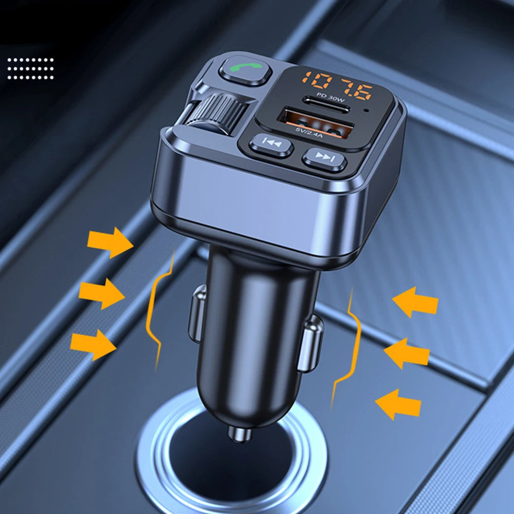 Fast-Charge Bluetooth FM Transmitter plugged into a car 12V socket in the centre console