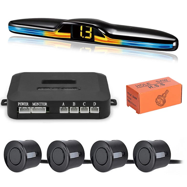 LED Parking Sensor Kit with control box, four rear sensors and hole saw laid out on a white background