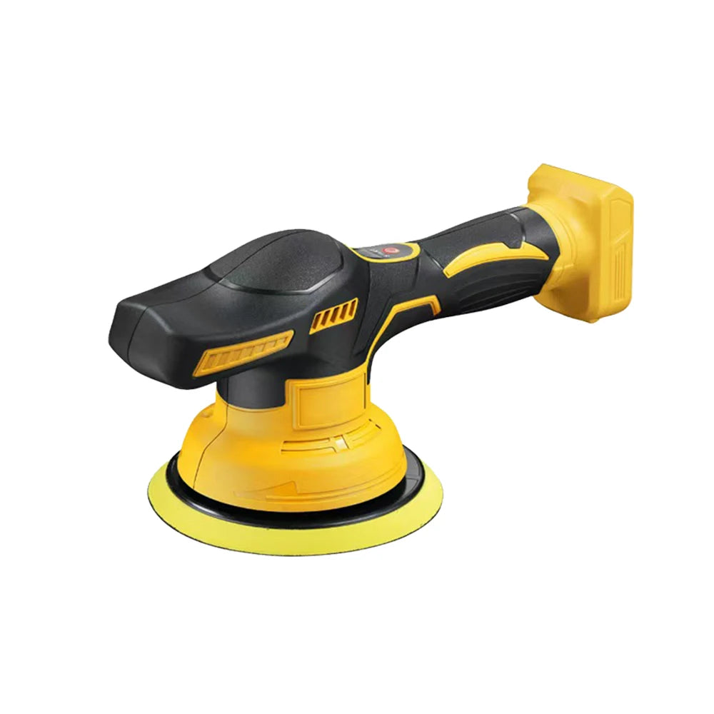 Cordless Car Polisher in yellow with dual-action polishing pad on a white background