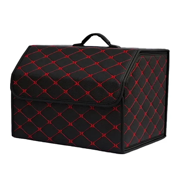 Heavy-Duty Leather Car Boot Organiser in black with red diamond stitching, foldable trunk storage box variant