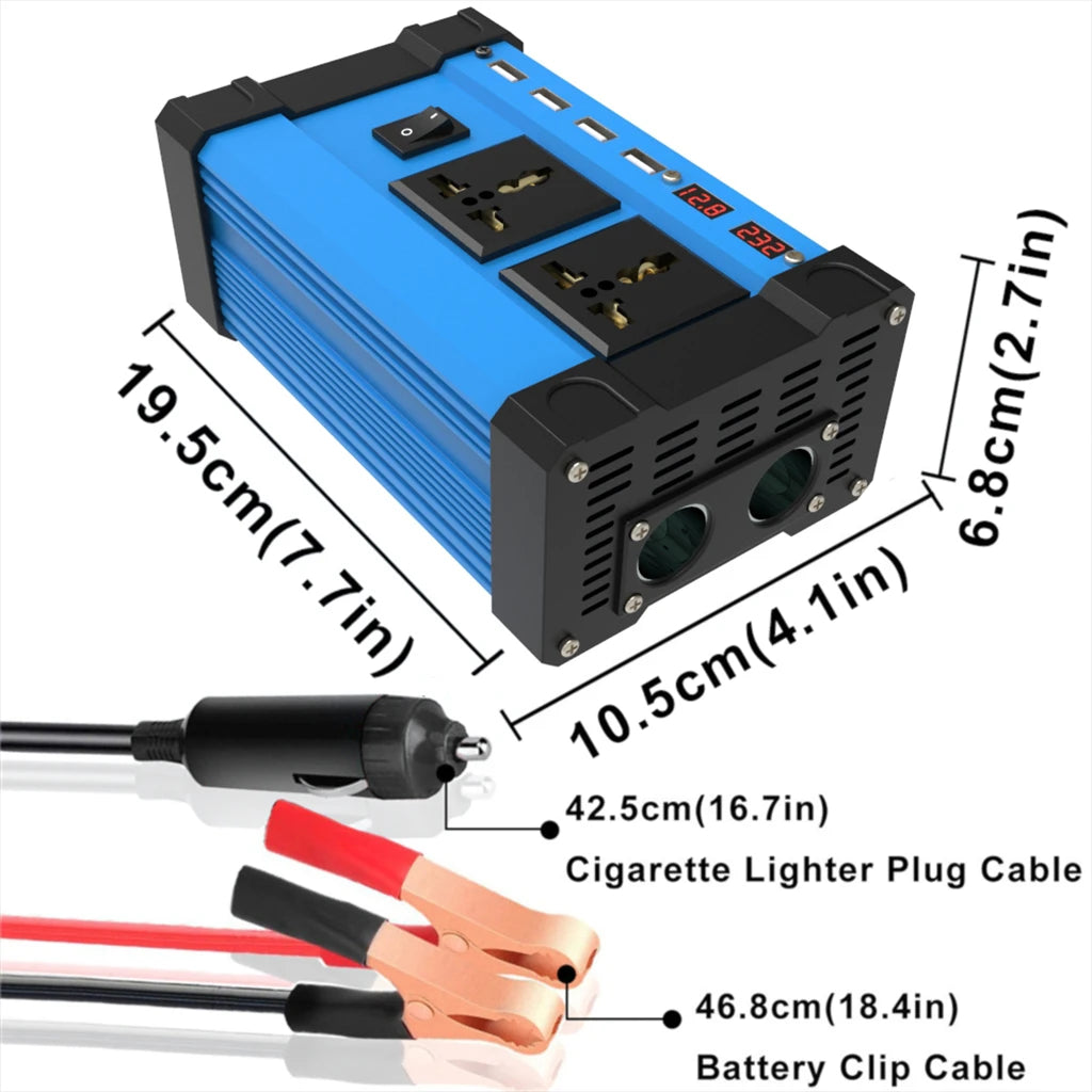Solar inverter dimensions with cigarette lighter plug cable and battery clip cable lengths labelled