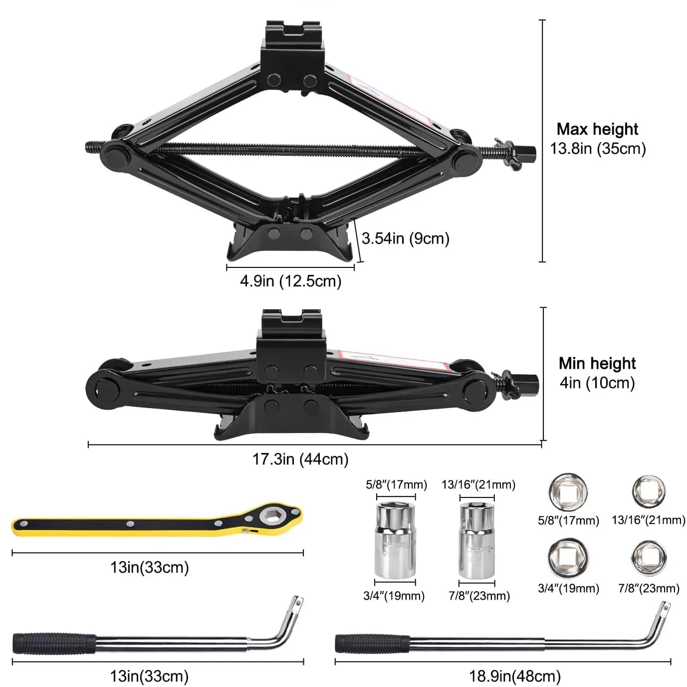 Scissor Jack Emergency Kit dimensions diagram showing max height 35cm, min height 10cm and socket sizes