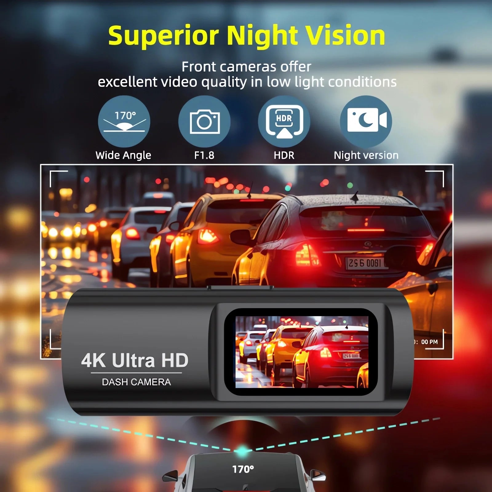 4K WiFi Dash Cam superior night vision feature showing the camera unit overlaid on sharp night-time traffic footage captured at 4K with F1.8 aperture and HDR