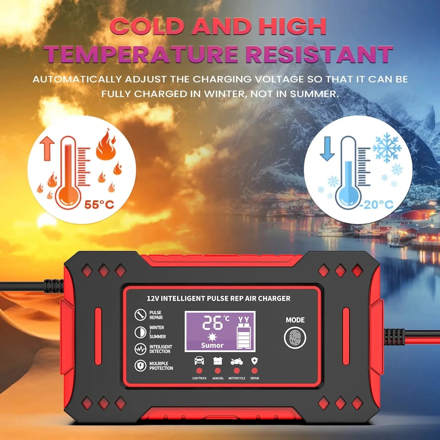 Smart battery charger shown against a hot desert and snowy mountain background illustrating resistance from minus 20 to 55 degrees Celsius