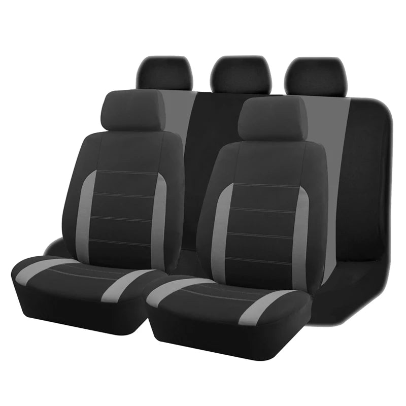 Universal Car Seat Covers in black and grey fitted across a full row of front and rear seats